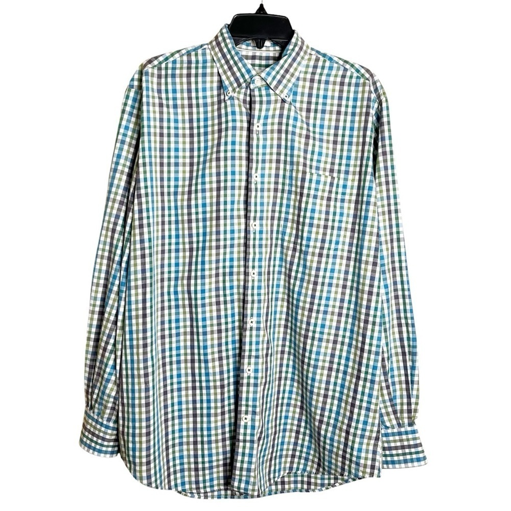 Peter Millar Button Down Shirt Men’s Large Green Blue Plaid Casual Long Sleeve